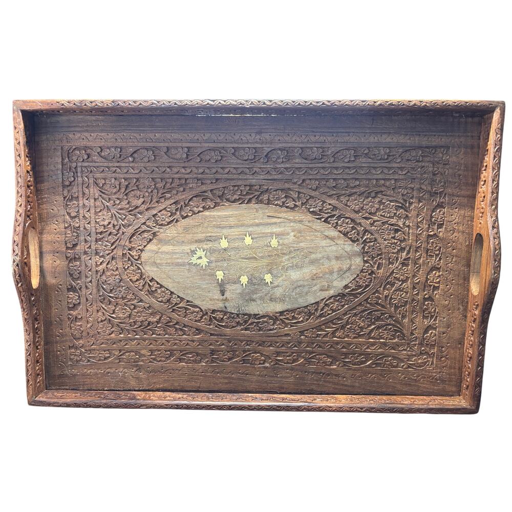 Hand carved India Sheesham wood serving tray India intricate brass inlay center